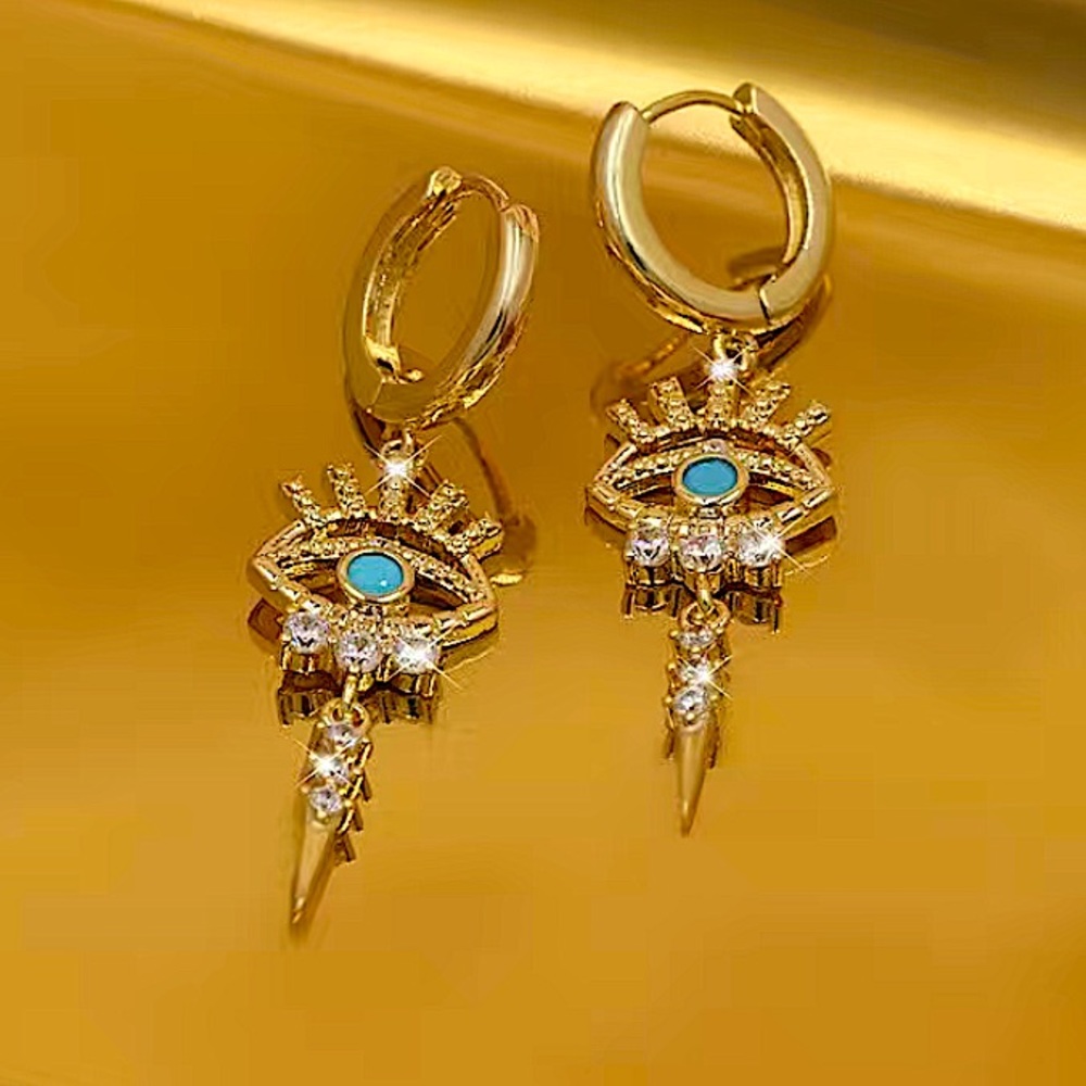 Gold 14K Evil Eye Hoop Zircon Drop Dangling Minimalist Earrings - Picture 5 of 8